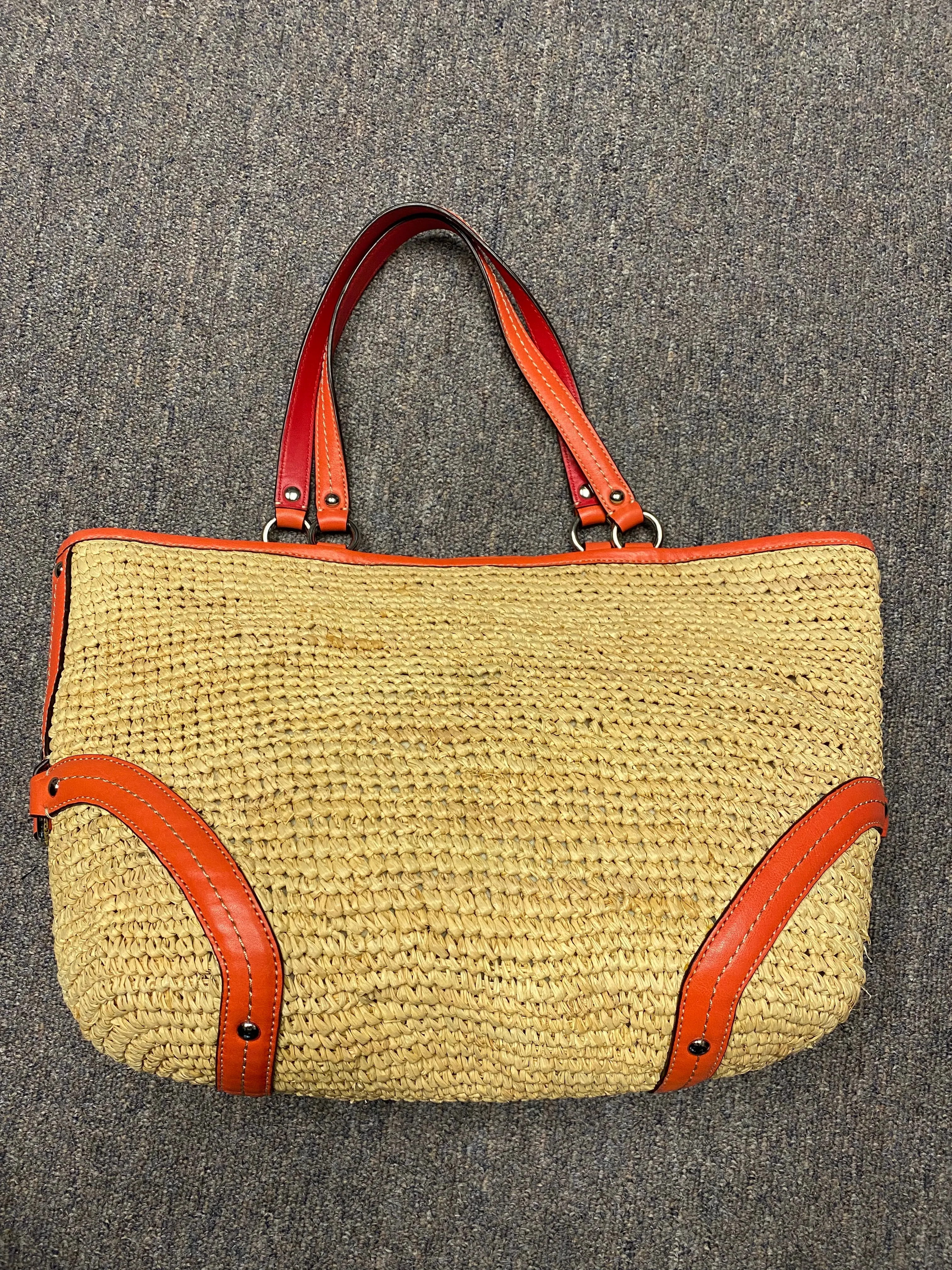 Coach Straw Pocket Purse Tote Bag Coral Leather Trim Shoulder Straw Bag #22904