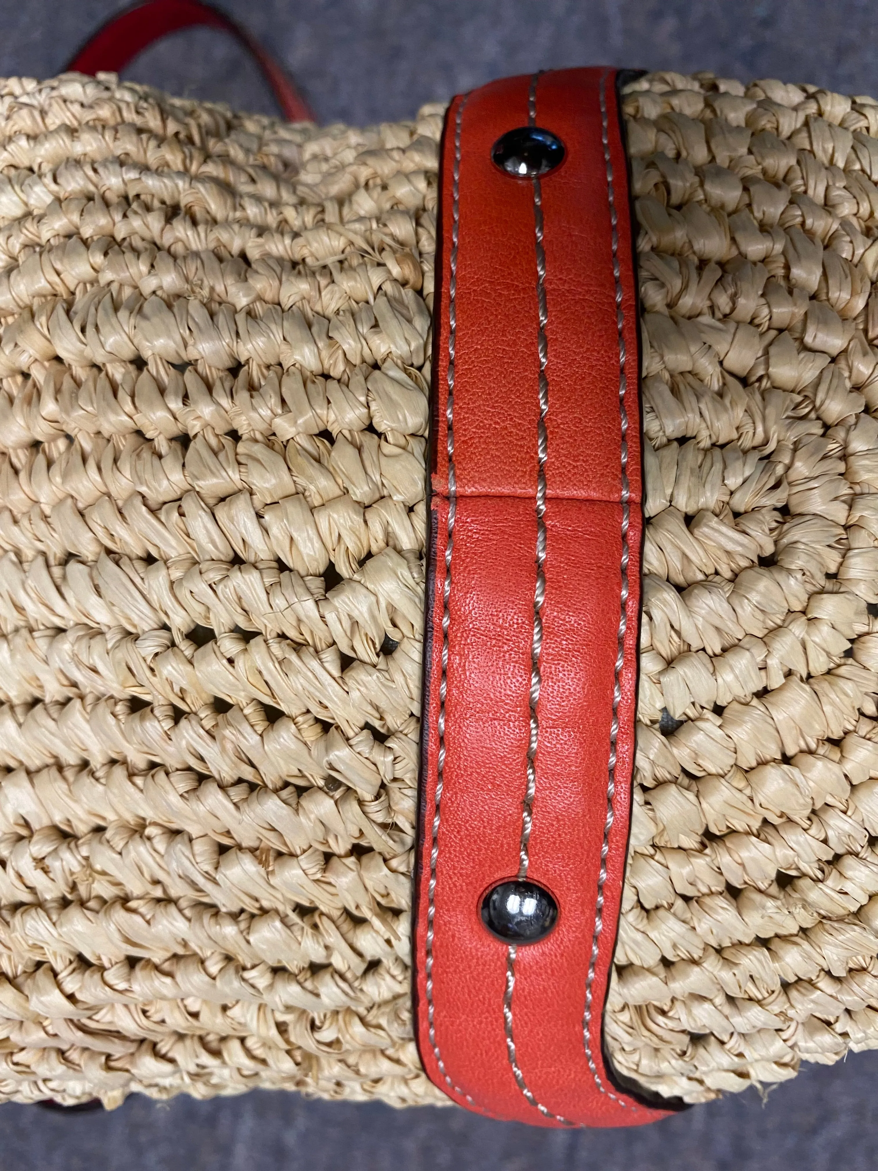 Coach Straw Pocket Purse Tote Bag Coral Leather Trim Shoulder Straw Bag #22904