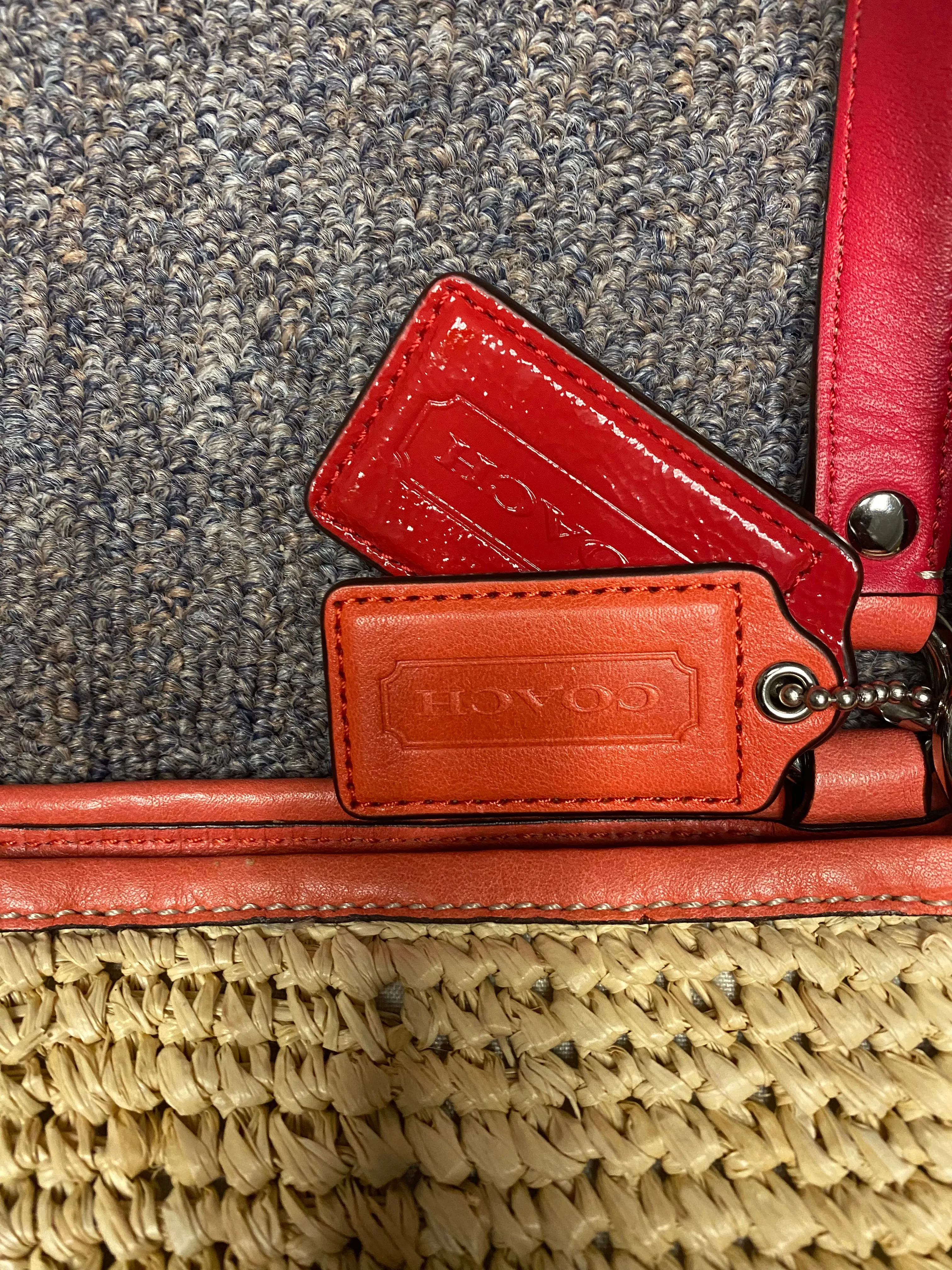 Coach Straw Pocket Purse Tote Bag Coral Leather Trim Shoulder Straw Bag #22904