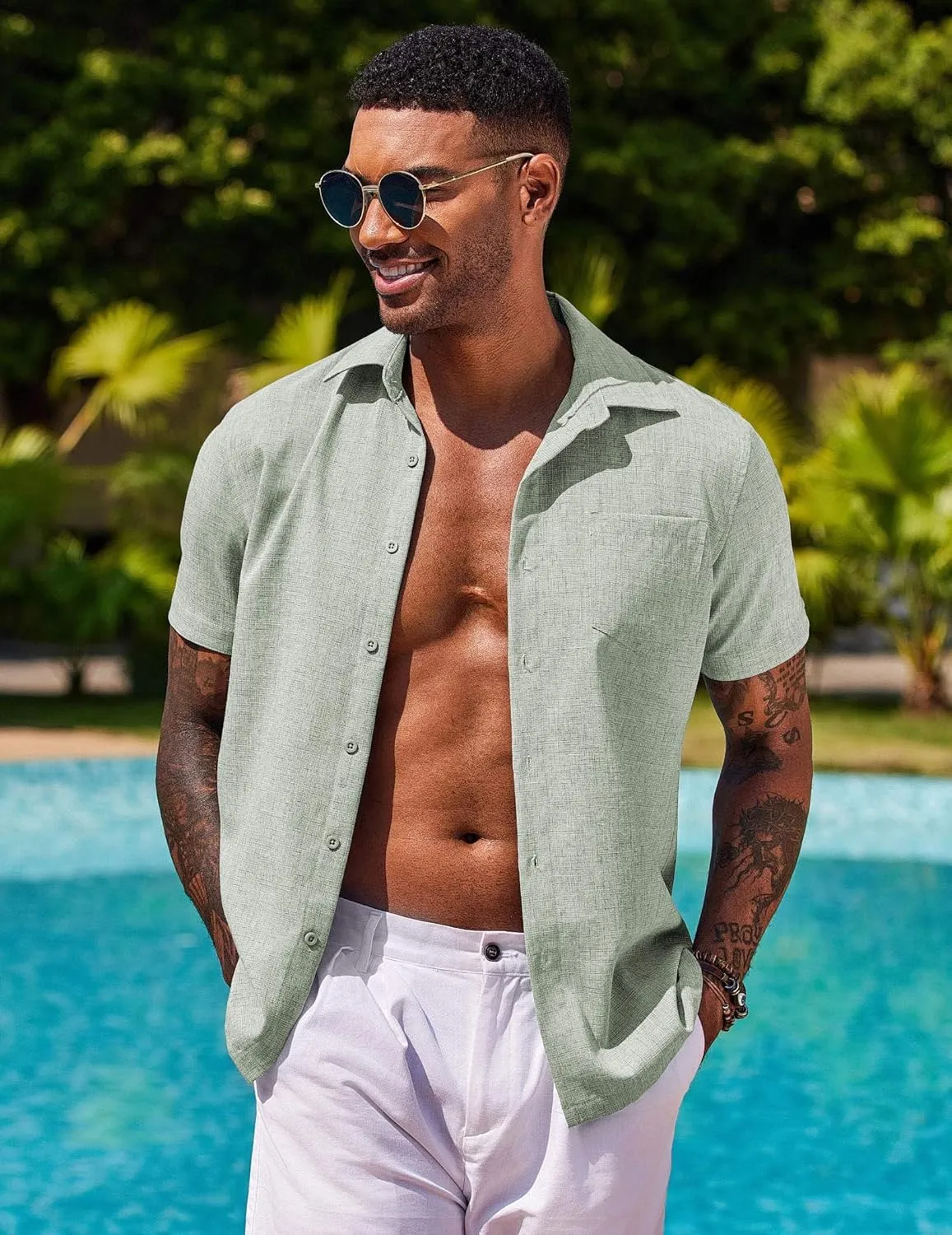 COOFANDY Men's Button Down Shirts Short Sleeve Casual Shirts Summer Beach Linen Shirts with Pocket