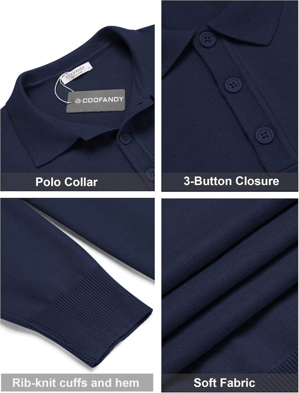 COOFANDY Mens Knit Polo Shirts Casual Long Sleeve Classic Polo Shirts Button Down Golf Shirts
