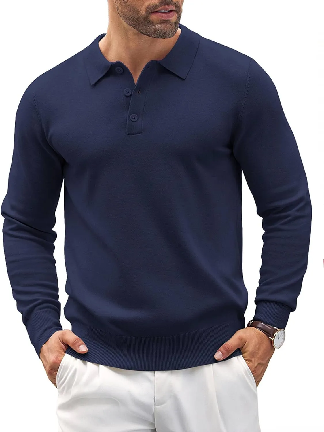 COOFANDY Mens Knit Polo Shirts Casual Long Sleeve Classic Polo Shirts Button Down Golf Shirts