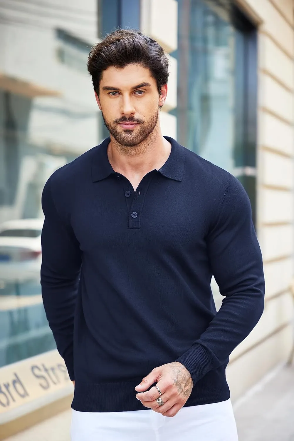 COOFANDY Mens Knit Polo Shirts Casual Long Sleeve Classic Polo Shirts Button Down Golf Shirts