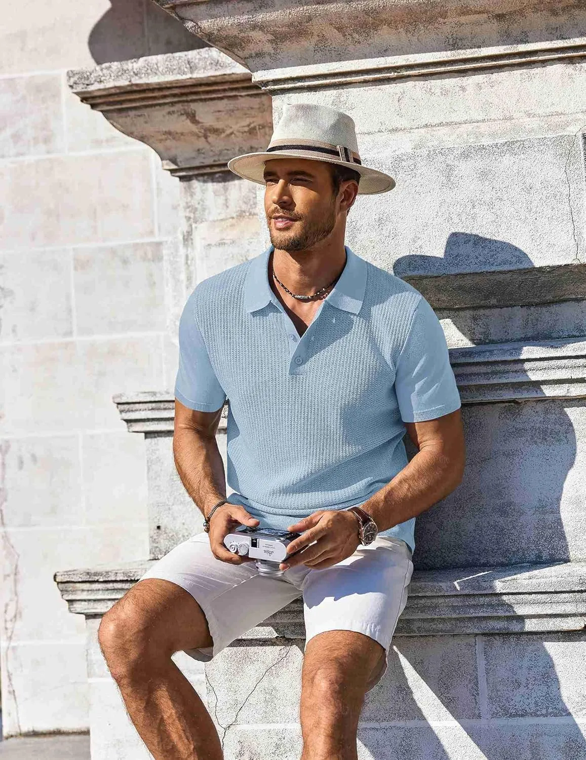 COOFANDY Men's Knit Polo Shirts Short Sleeve Casual Button Down Shirts Vintage Collared Golf Shirts