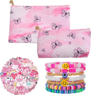 Cosmetic Bag for Women,Preppy Aesthetic Makeup Bag,7 Pcs Friendship Bracelets,50 Pcs Preppy Stickers,Travel Toiletry Bag Organizer,Cute Makeup Brushes Aesthetic Bag Birthday Gift New year Gift