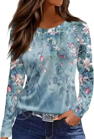 COTECRAM Long Sleeve Shirts for Women Trendy Casual Crewneck Loose Fit Tunic Tops Floral Printed Graphic Tees Spring Clothes