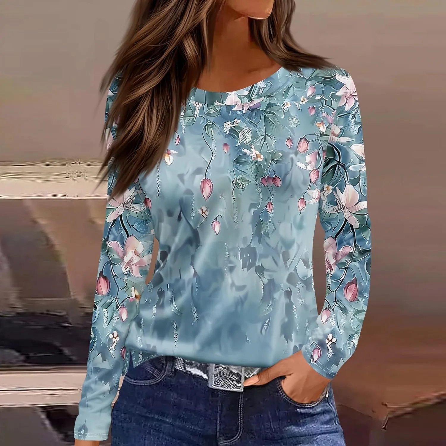 COTECRAM Long Sleeve Shirts for Women Trendy Casual Crewneck Loose Fit Tunic Tops Floral Printed Graphic Tees Spring Clothes