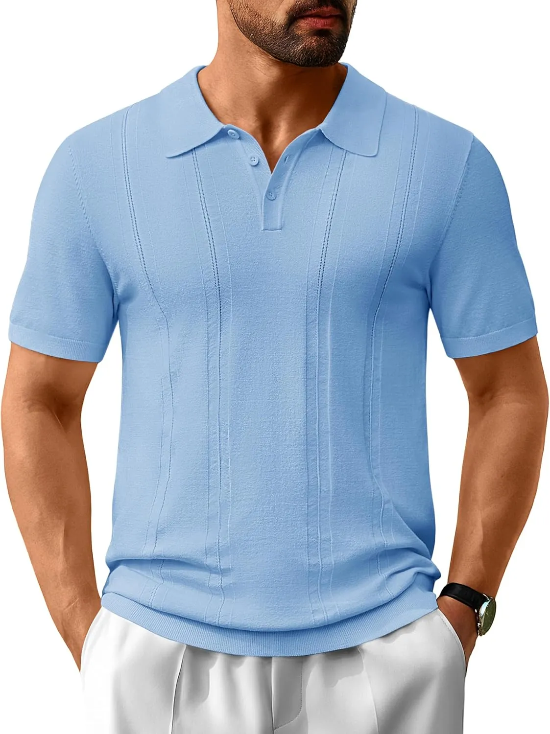Cotrasen Men's Knit Polo Shirts Short Sleeve Collared T Shirts Slim Fit Casual Golf Polo Shirts