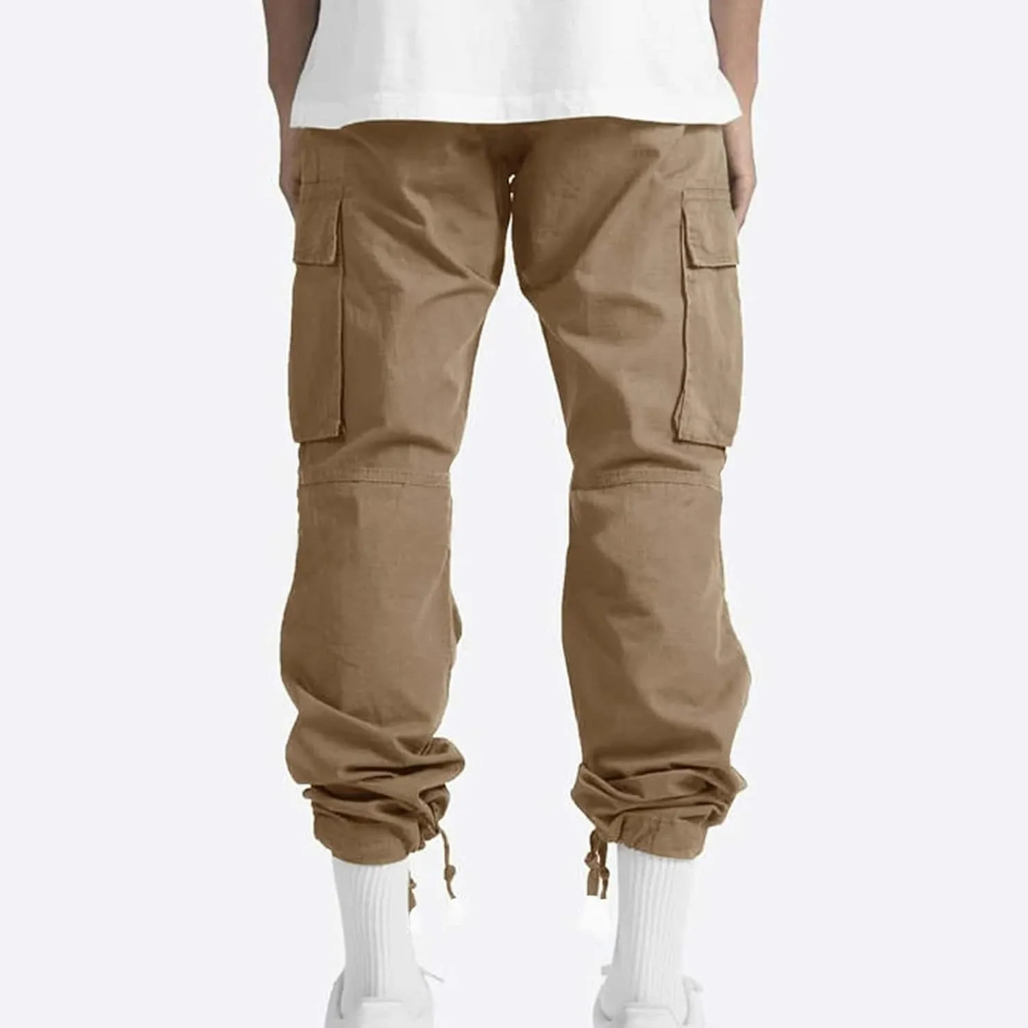 Cotton Cargo Trousers for Men,Solid Elastic Waist Straight Leg Slacks Slim Fit Bottoms Drawstring Pants for Men