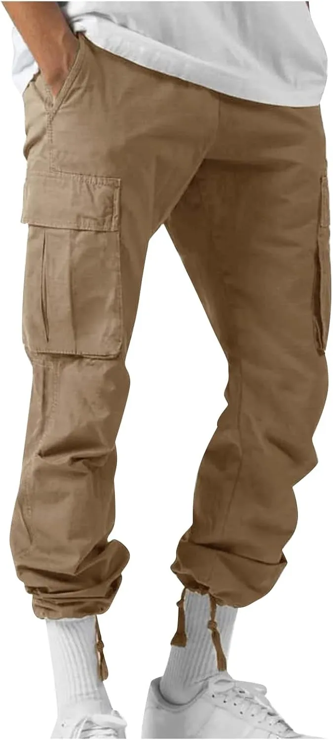Cotton Cargo Trousers for Men,Solid Elastic Waist Straight Leg Slacks Slim Fit Bottoms Drawstring Pants for Men
