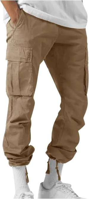 Cotton Cargo Trousers for Men,Solid Elastic Waist Straight Leg Slacks Slim Fit Bottoms Drawstring Pants for Men