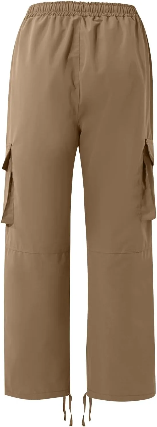 Cotton Cargo Trousers for Men,Solid Elastic Waist Straight Leg Slacks Slim Fit Bottoms Drawstring Pants for Men