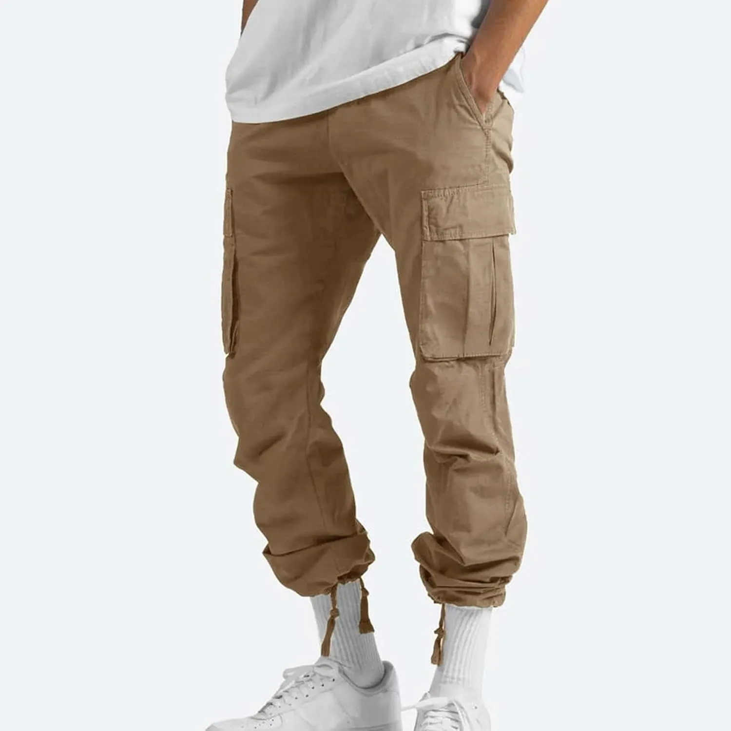 Cotton Cargo Trousers for Men,Solid Elastic Waist Straight Leg Slacks Slim Fit Bottoms Drawstring Pants for Men