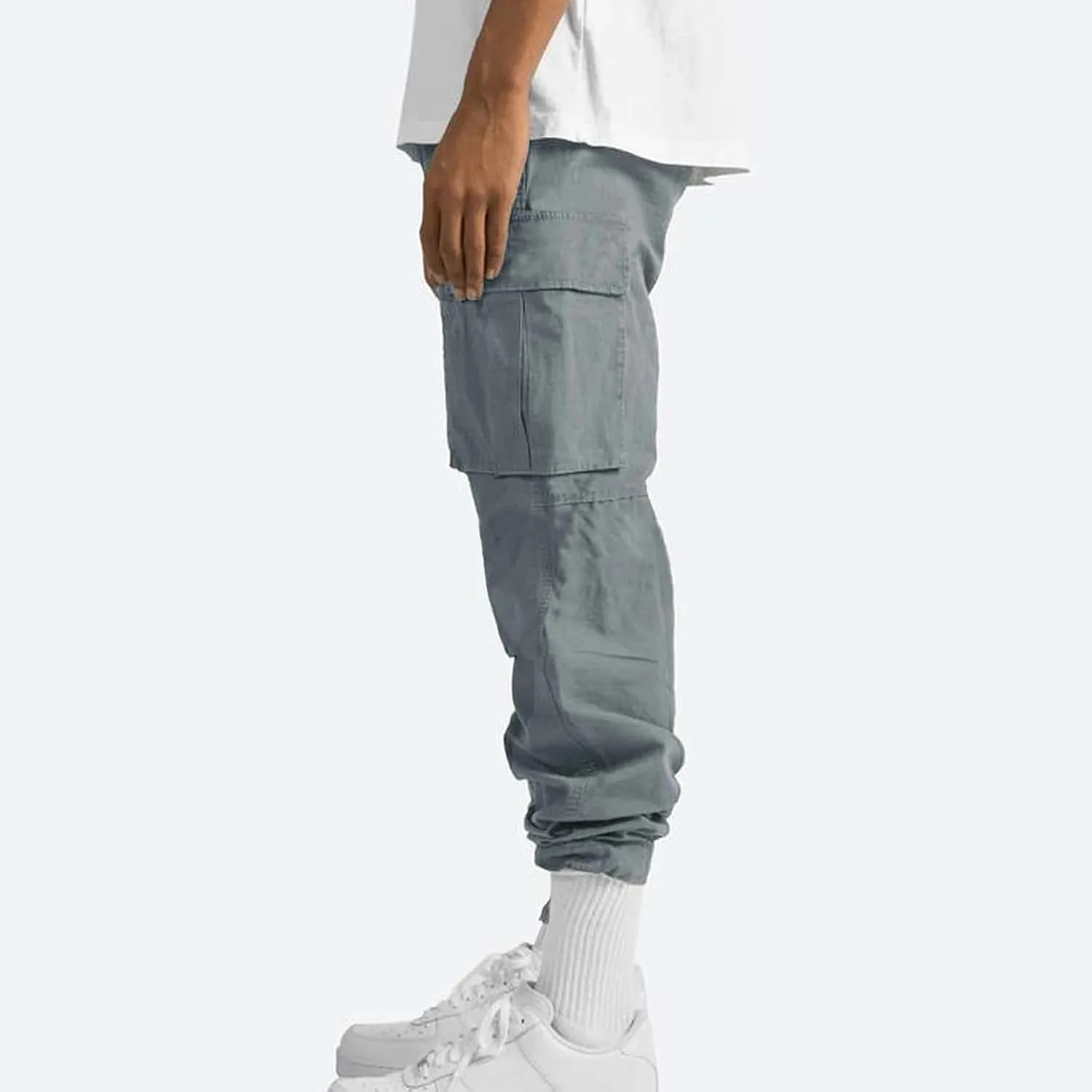 Cotton Cargo Trousers for Men,Solid Elastic Waist Straight Leg Slacks Slim Fit Bottoms Drawstring Pants for Men