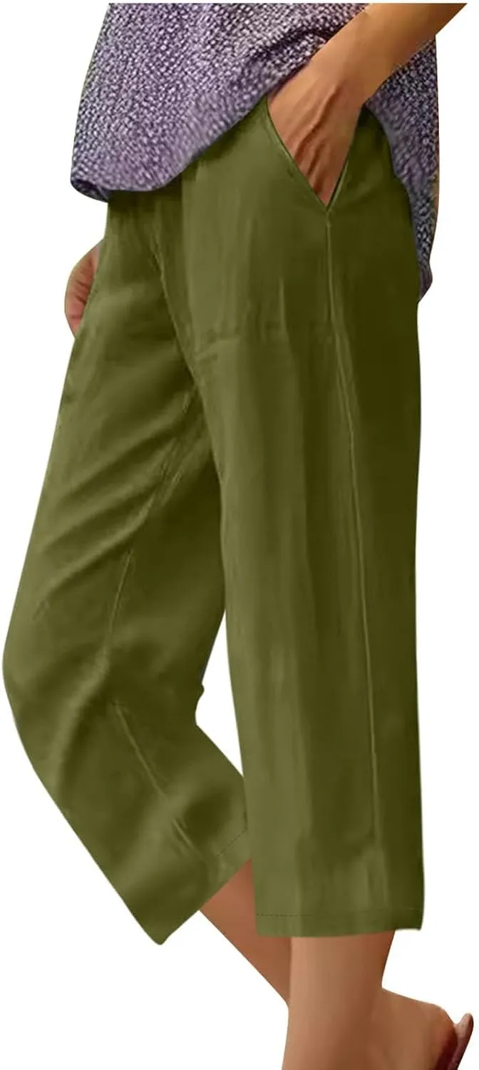 Cotton Linen Capris Trousers Women Elasticated Waist Cropped Pants Summer Pant Plain Breathable Loose Fit Capri Trouser