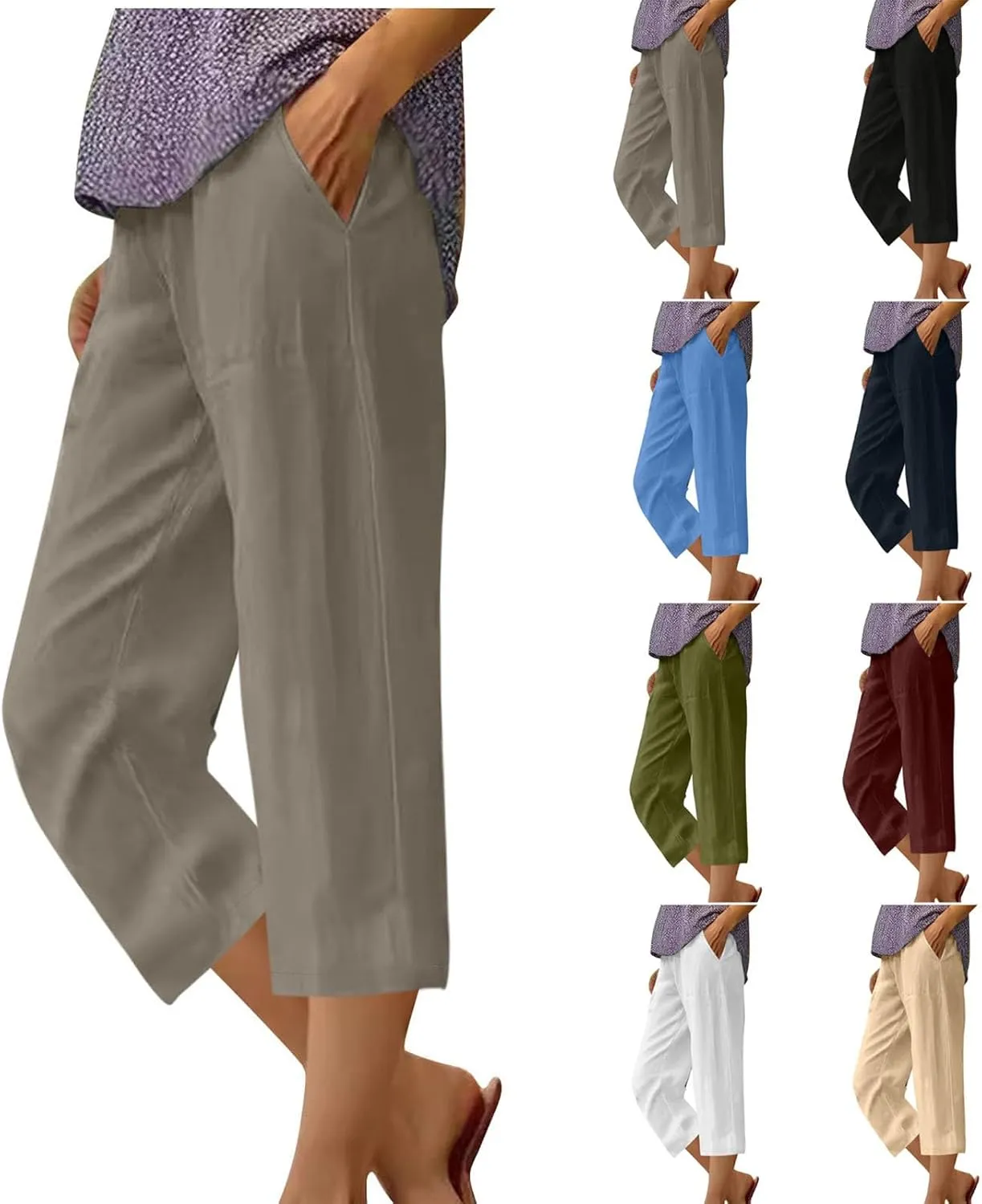 Cotton Linen Capris Trousers Women Elasticated Waist Cropped Pants Summer Pant Plain Breathable Loose Fit Capri Trouser