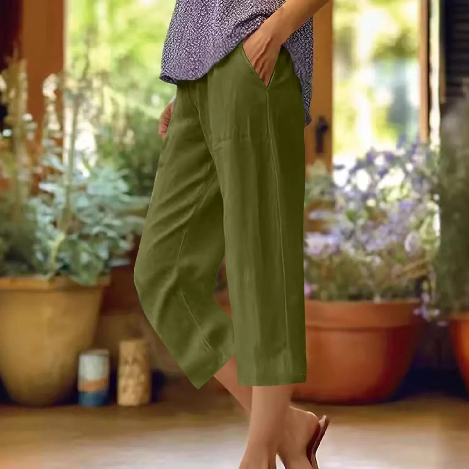 Cotton Linen Capris Trousers Women Elasticated Waist Cropped Pants Summer Pant Plain Breathable Loose Fit Capri Trouser