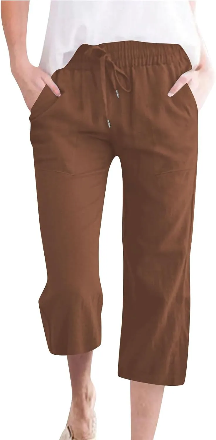 Cotton Linen Cropped Trousers Women Solid Color Wide Leg Capri Pants Elastic Waist Trouser Summer Casual Capris Pant