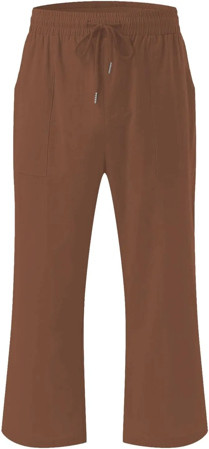 Cotton Linen Cropped Trousers Women Solid Color Wide Leg Capri Pants Elastic Waist Trouser Summer Casual Capris Pant