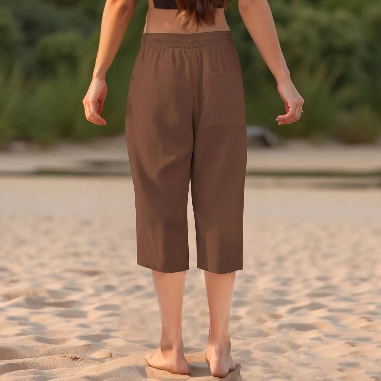 Cotton Linen Cropped Trousers Women Solid Color Wide Leg Capri Pants Elastic Waist Trouser Summer Casual Capris Pant