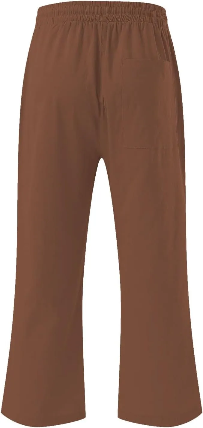 Cotton Linen Cropped Trousers Women Solid Color Wide Leg Capri Pants Elastic Waist Trouser Summer Casual Capris Pant