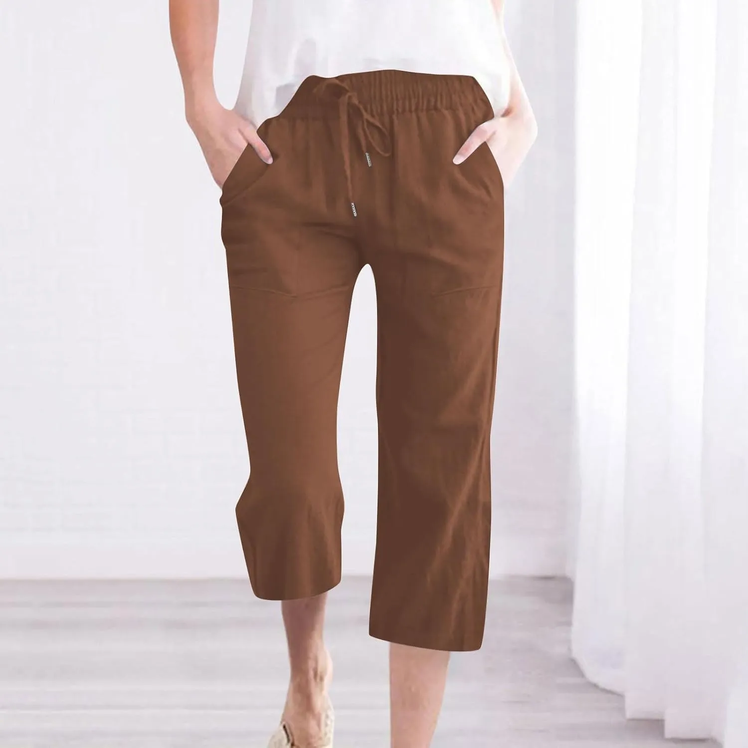 Cotton Linen Cropped Trousers Women Solid Color Wide Leg Capri Pants Elastic Waist Trouser Summer Casual Capris Pant