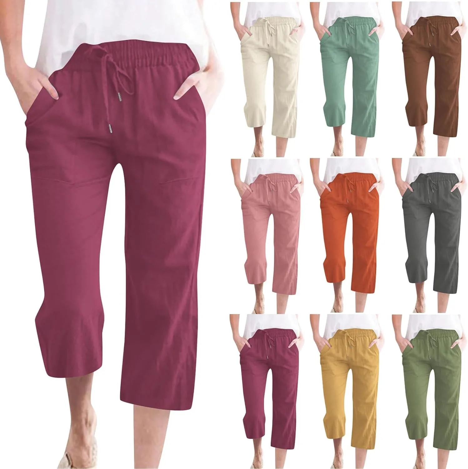 Cotton Linen Cropped Trousers Women Solid Color Wide Leg Capri Pants Elastic Waist Trouser Summer Casual Capris Pant