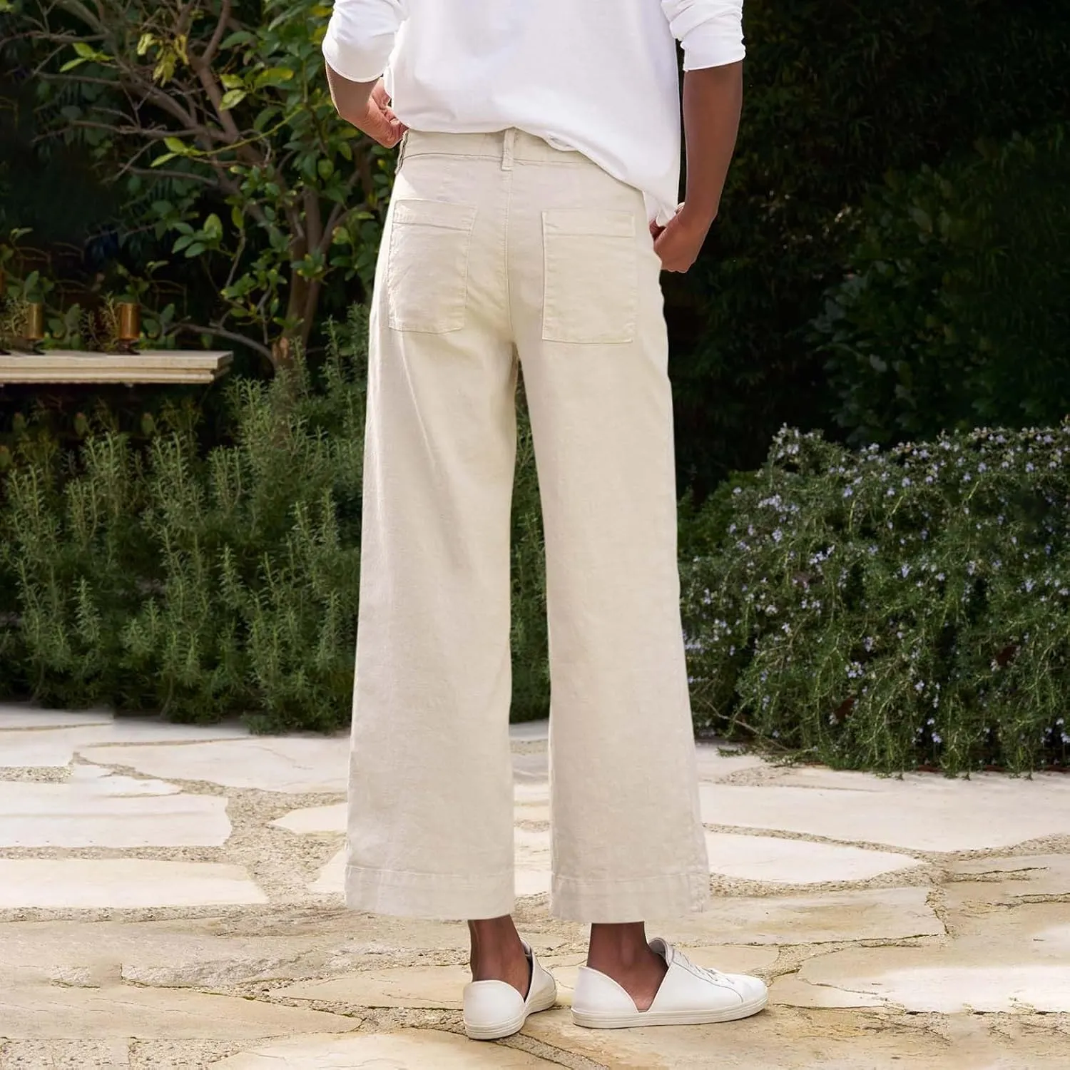 Cotton Linen Pants Women Wide Leg Casual Palazzo Pant Lounge High Waisted Beach Long Trousers Pants with Pockets