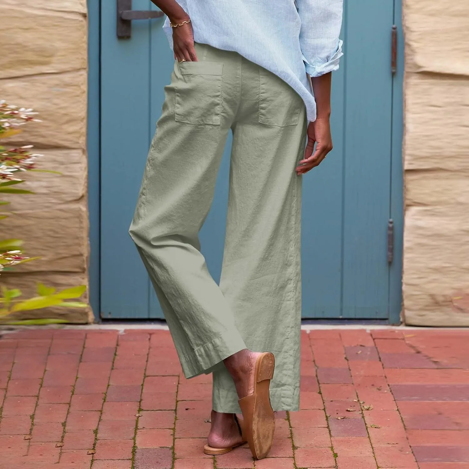 Cotton Linen Pants Women Wide Leg Casual Palazzo Pant Lounge High Waisted Beach Long Trousers Pants with Pockets