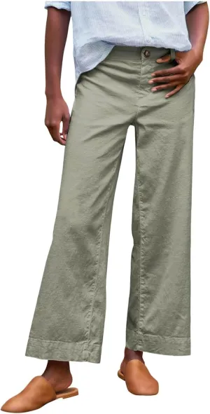 Cotton Linen Pants Women Wide Leg Casual Palazzo Pant Lounge High Waisted Beach Long Trousers Pants with Pockets