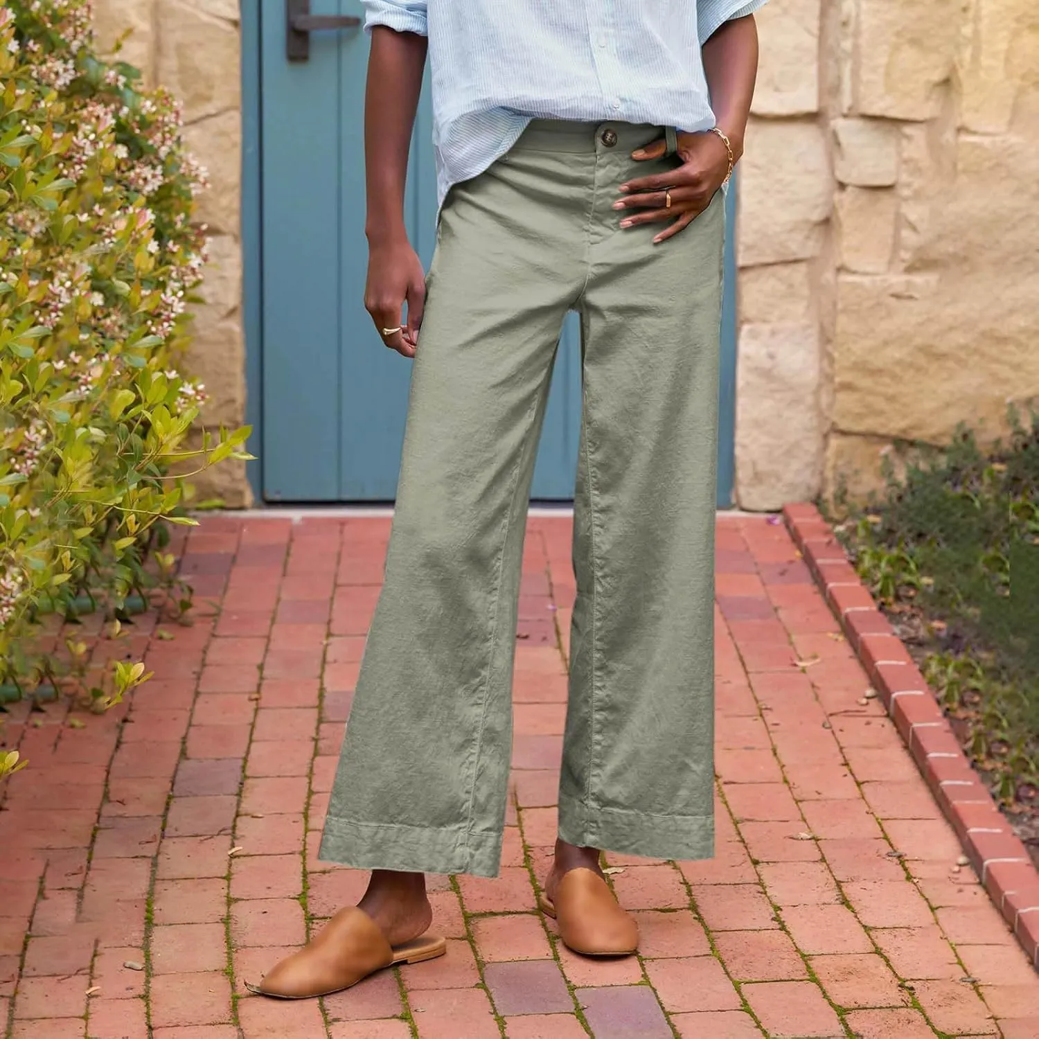 Cotton Linen Pants Women Wide Leg Casual Palazzo Pant Lounge High Waisted Beach Long Trousers Pants with Pockets