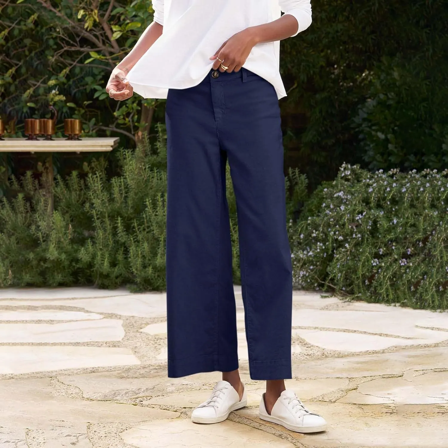 Cotton Linen Pants Women Wide Leg Casual Palazzo Pant Lounge High Waisted Beach Long Trousers Pants with Pockets