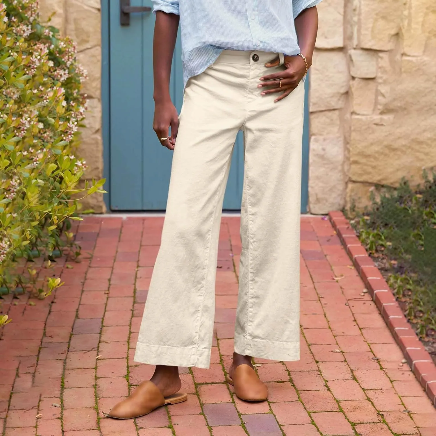 Cotton Linen Pants Women Wide Leg Casual Palazzo Pant Lounge High Waisted Beach Long Trousers Pants with Pockets
