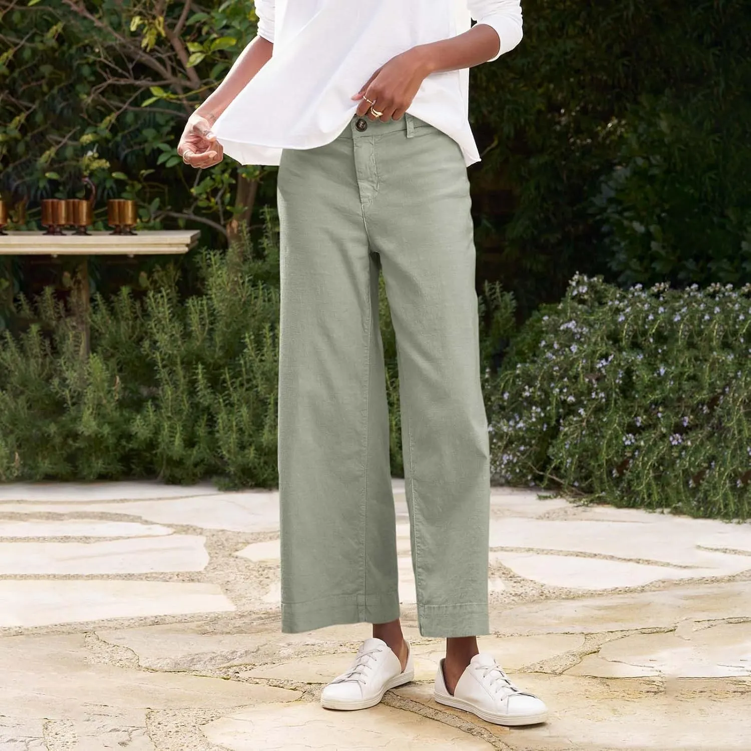 Cotton Linen Pants Women Wide Leg Casual Palazzo Pant Lounge High Waisted Beach Long Trousers Pants with Pockets