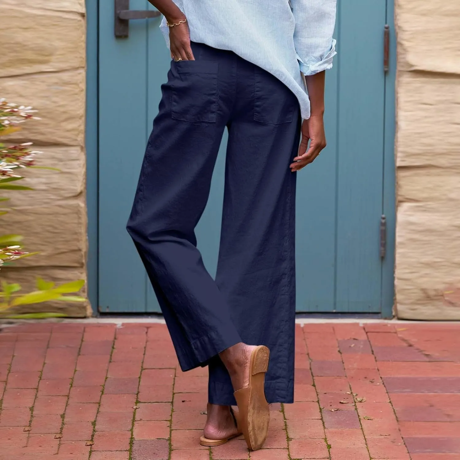 Cotton Linen Pants Women Wide Leg Casual Palazzo Pant Lounge High Waisted Beach Long Trousers Pants with Pockets