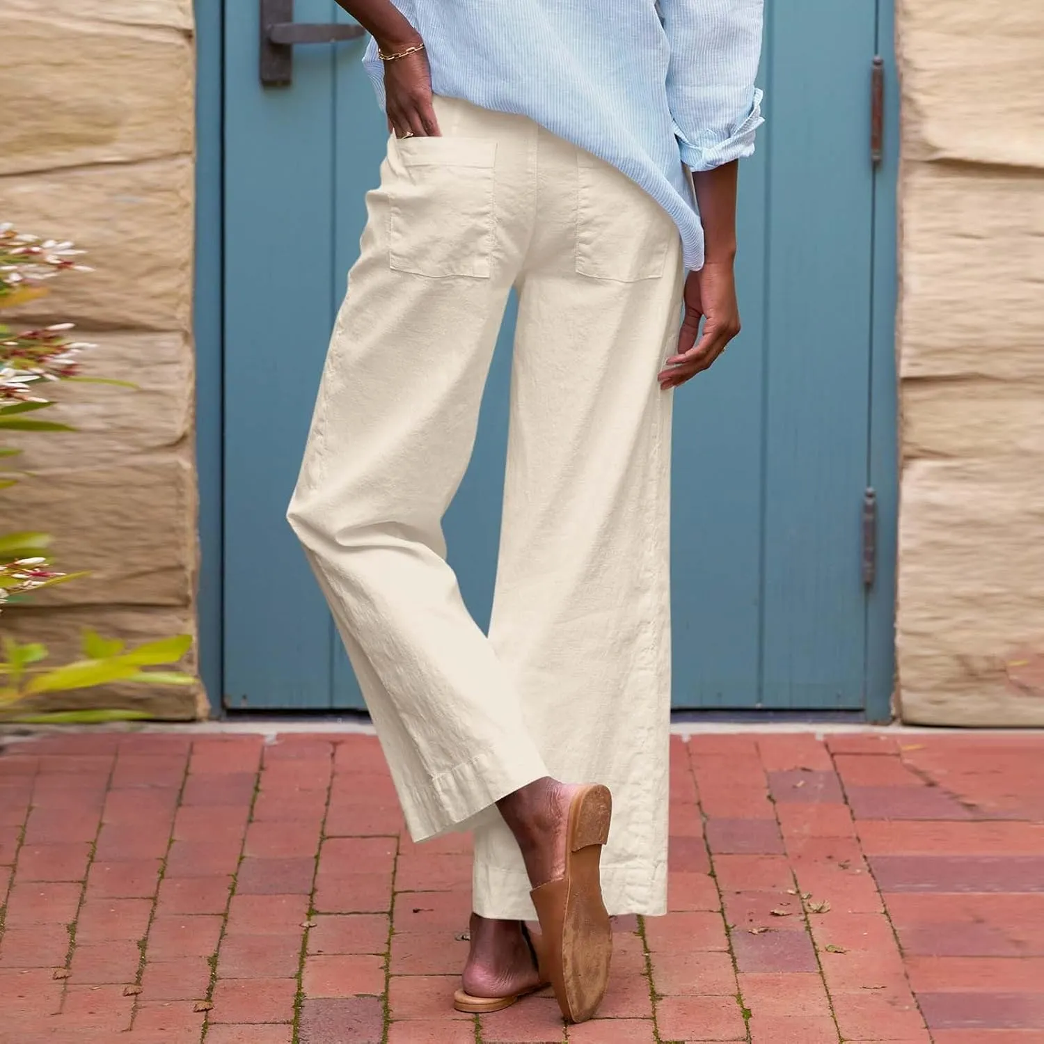 Cotton Linen Pants Women Wide Leg Casual Palazzo Pant Lounge High Waisted Beach Long Trousers Pants with Pockets