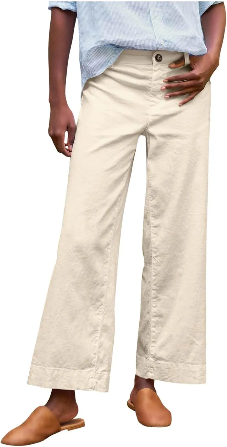 Cotton Linen Pants Women Wide Leg Casual Palazzo Pant Lounge High Waisted Beach Long Trousers Pants with Pockets