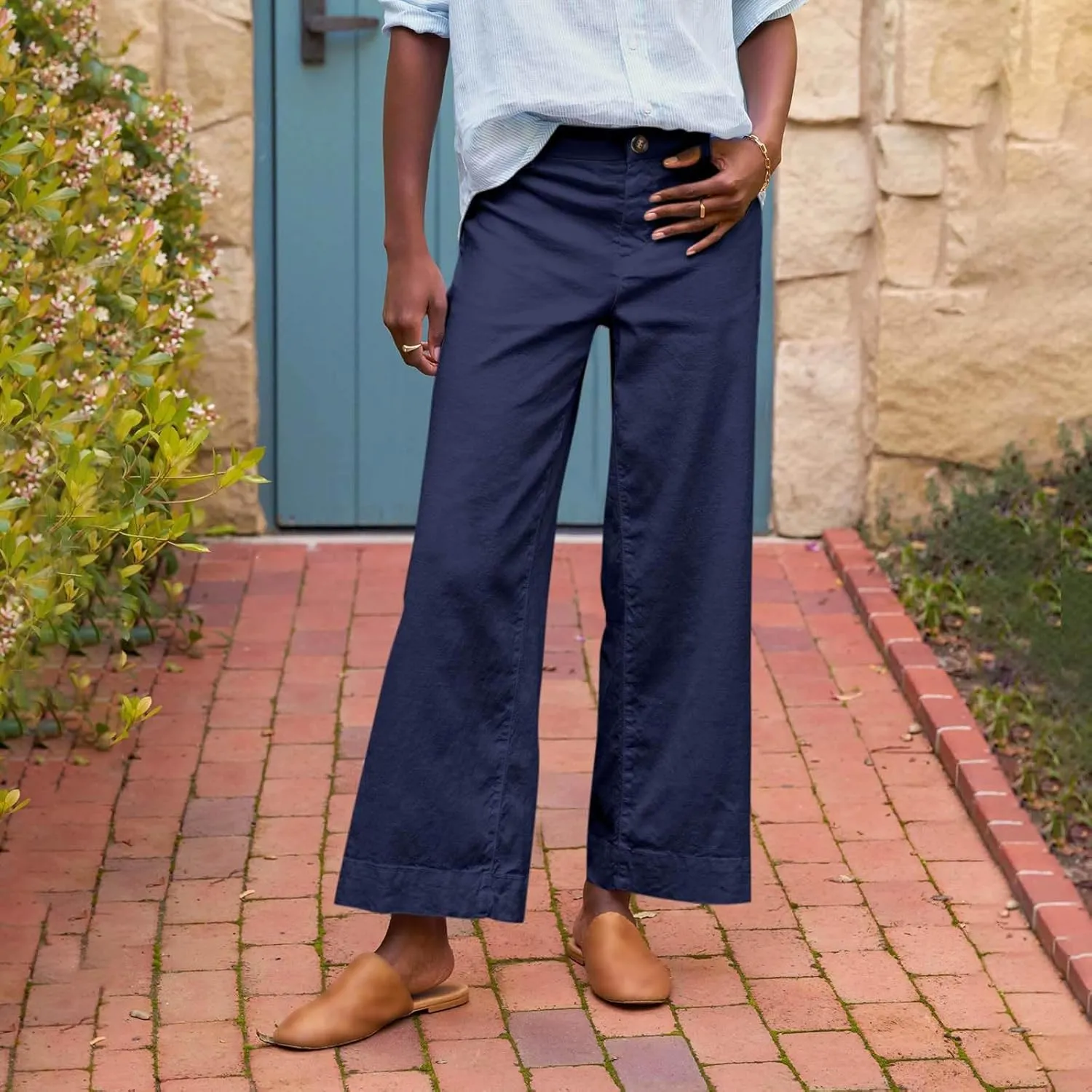 Cotton Linen Pants Women Wide Leg Casual Palazzo Pant Lounge High Waisted Beach Long Trousers Pants with Pockets