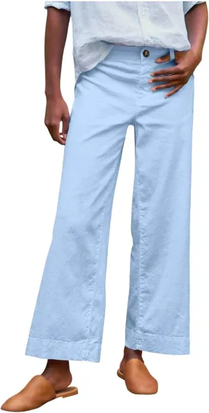 Cotton Linen Pants Women Wide Leg Casual Palazzo Pant Lounge High Waisted Beach Long Trousers Pants with Pockets