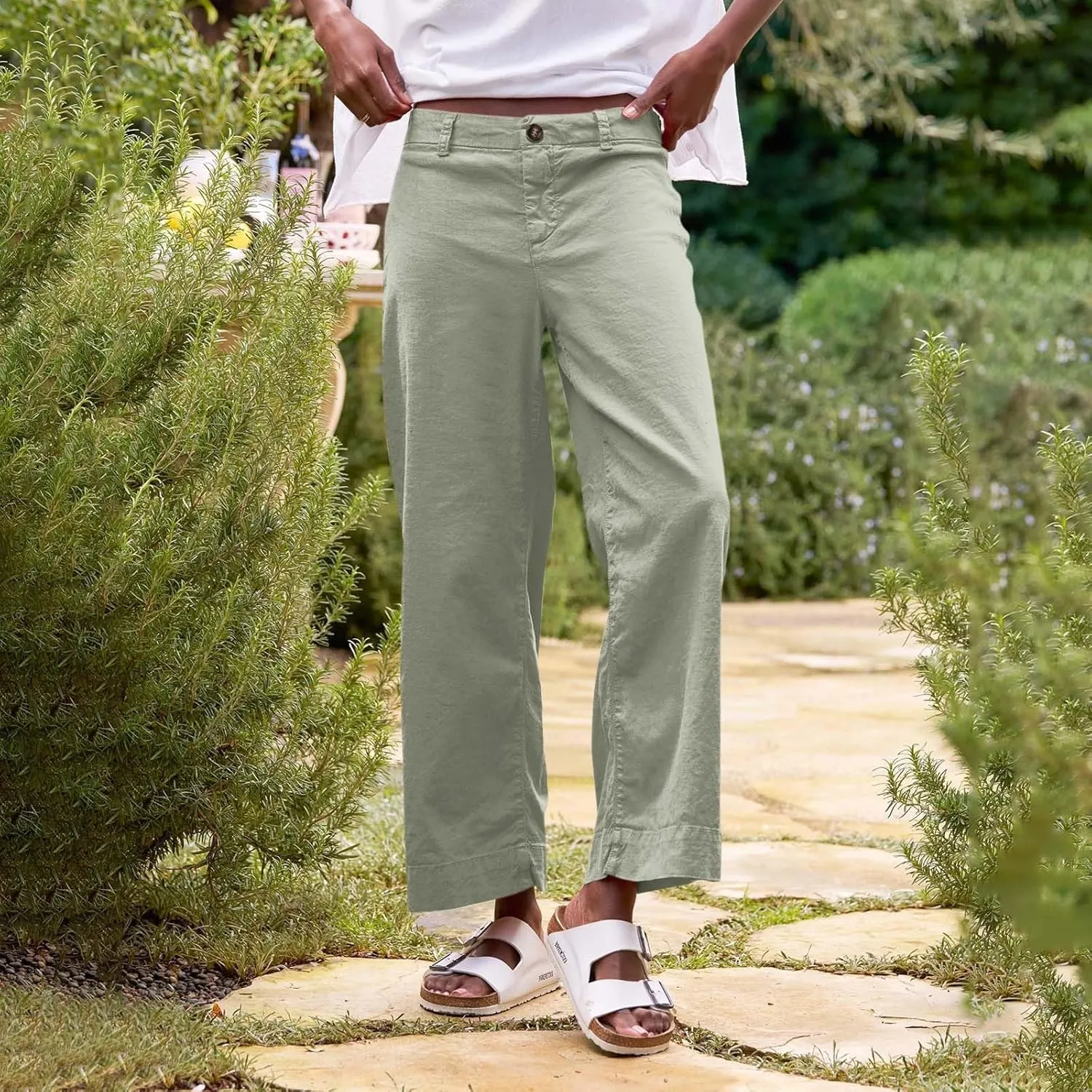 Cotton Linen Pants Women Wide Leg Casual Palazzo Pant Lounge High Waisted Beach Long Trousers Pants with Pockets