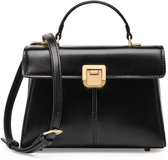 Cowhide Women Satchel Bags Luxury Genuine Leather Shoulder Small Square Bags Ladies (Black 24cm_7cm_17cm)