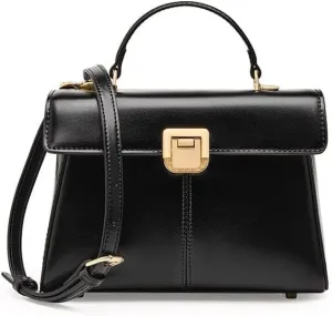 Cowhide Women Satchel Bags Luxury Genuine Leather Shoulder Small Square Bags Ladies (Black 24cm_7cm_17cm)