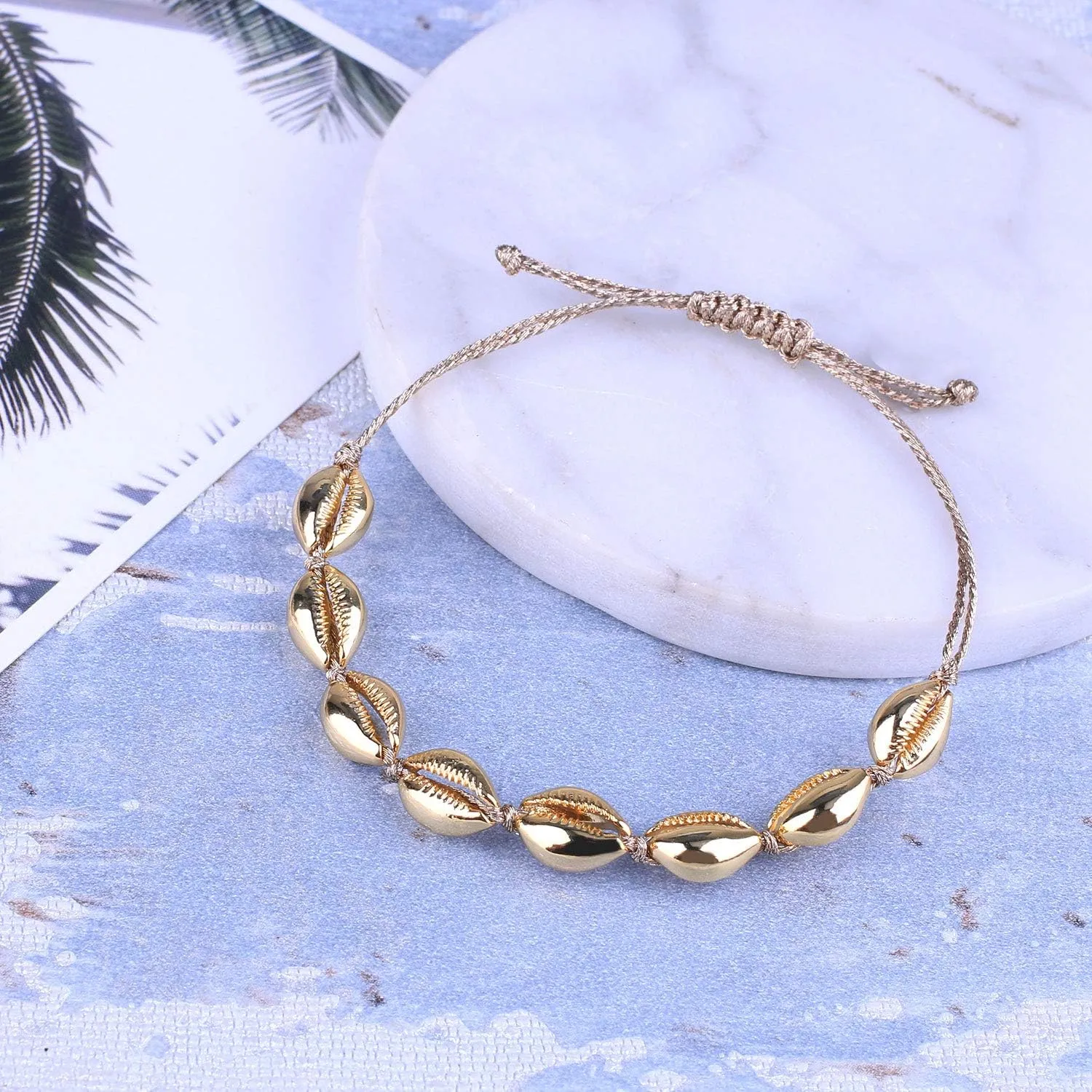 CQUAN CHI Women Gold Shell Bracelets Beach Bracelets Strand Beaded Bracelets Handmade Fashion Jewelry