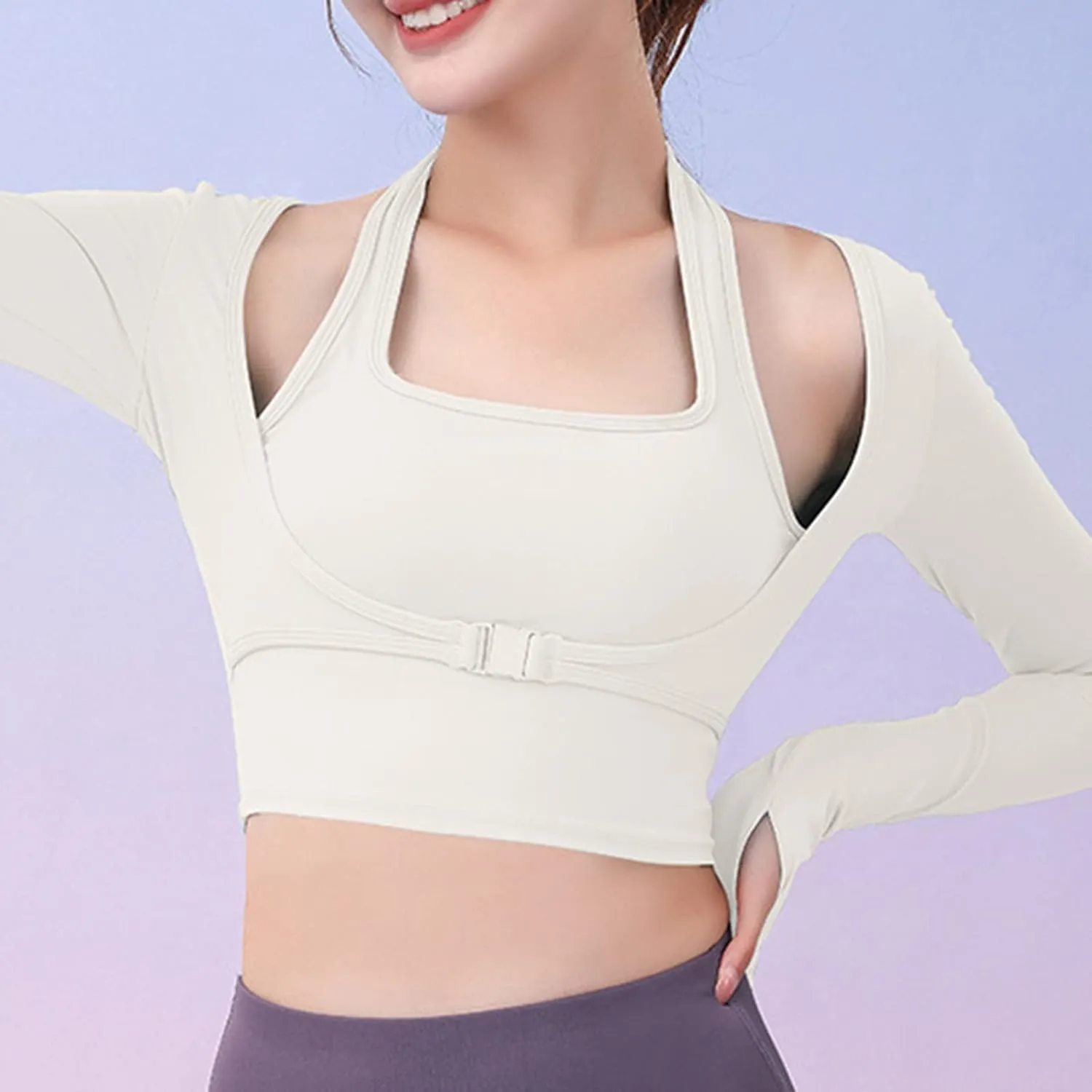 Crop Top with Built in Bra for Women Fitness Layer Removable Cups 2 in 1 Yoga Shirts Workout Padded Long Sleeve Shirt