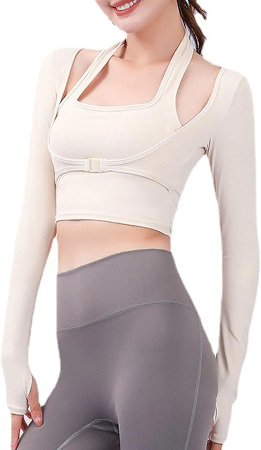 Crop Top with Built in Bra for Women Fitness Layer Removable Cups 2 in 1 Yoga Shirts Workout Padded Long Sleeve Shirt