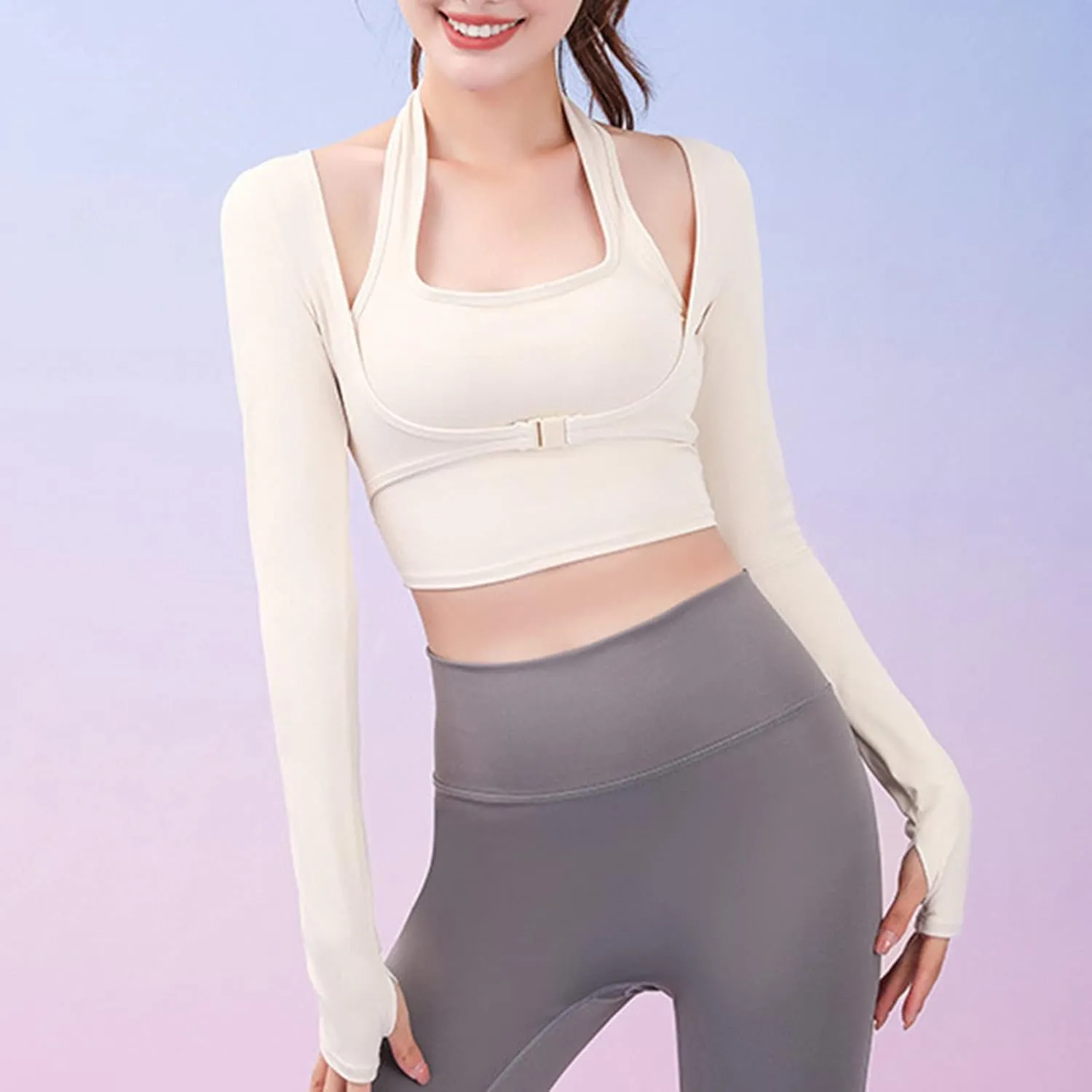 Crop Top with Built in Bra for Women Fitness Layer Removable Cups 2 in 1 Yoga Shirts Workout Padded Long Sleeve Shirt