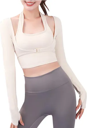 Crop Top with Built in Bra for Women Fitness Layer Removable Cups 2 in 1 Yoga Shirts Workout Padded Long Sleeve Shirt