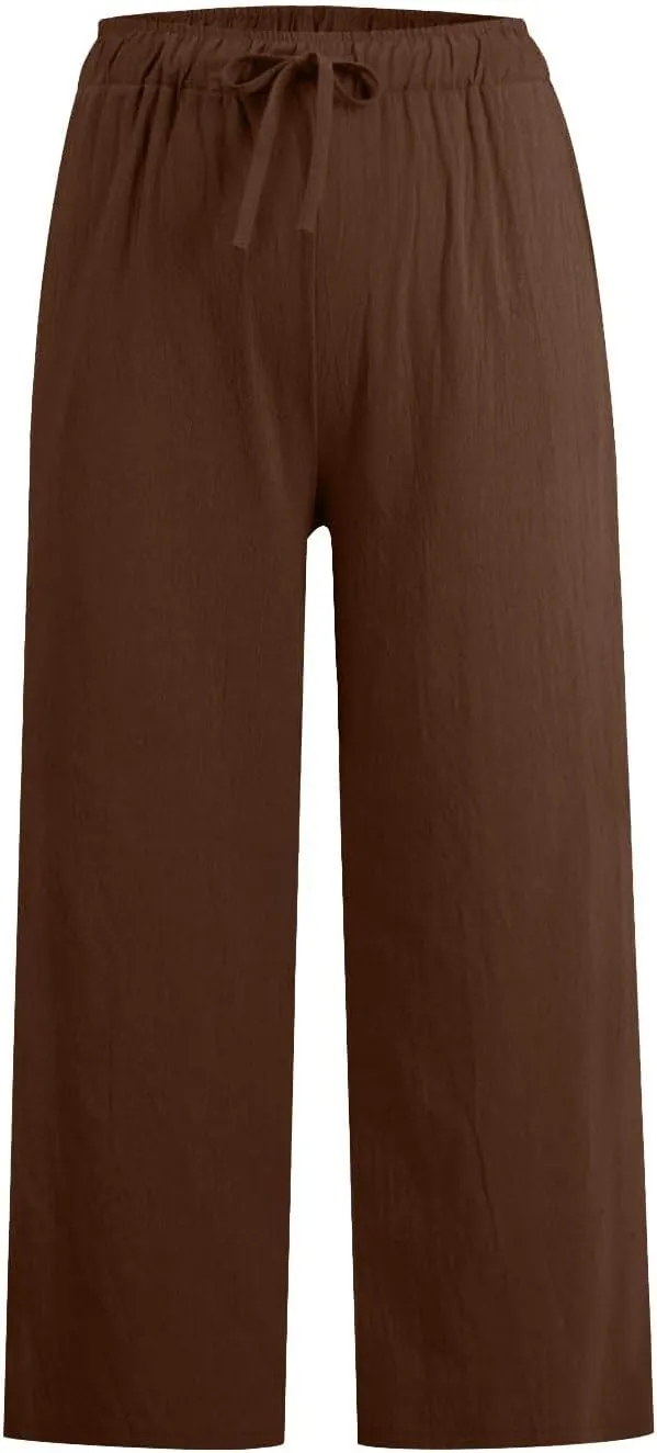 Cropped Cotton Linen Trousers Women Plain Straight Leg Capri Pants Summer Baggy Pant Casual Bottoms with Pockets S-3XL