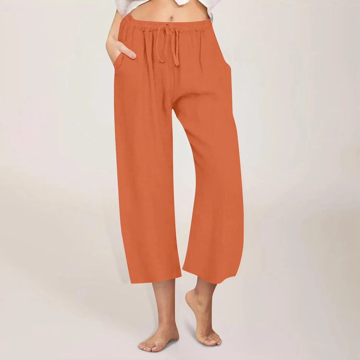 Cropped Cotton Linen Trousers Women Plain Straight Leg Capri Pants Summer Baggy Pant Casual Bottoms with Pockets S-3XL