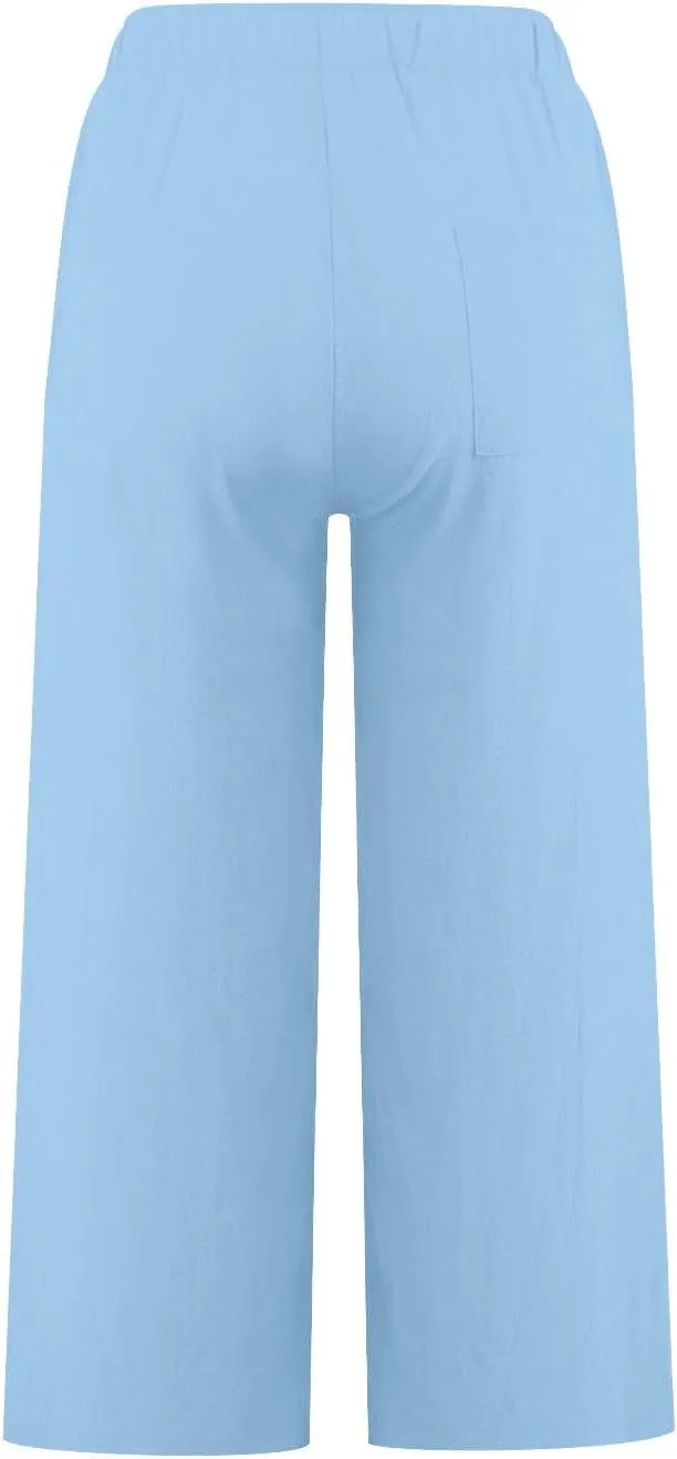 Cropped Cotton Linen Trousers Women Plain Straight Leg Capri Pants Summer Baggy Pant Casual Bottoms with Pockets S-3XL